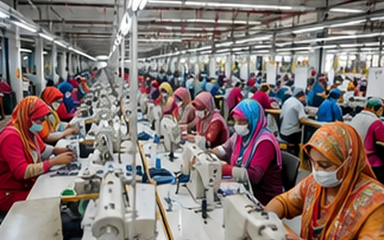 Editorial view of an apparel production floor representing the effect of unstable industrial energy on textile operations.