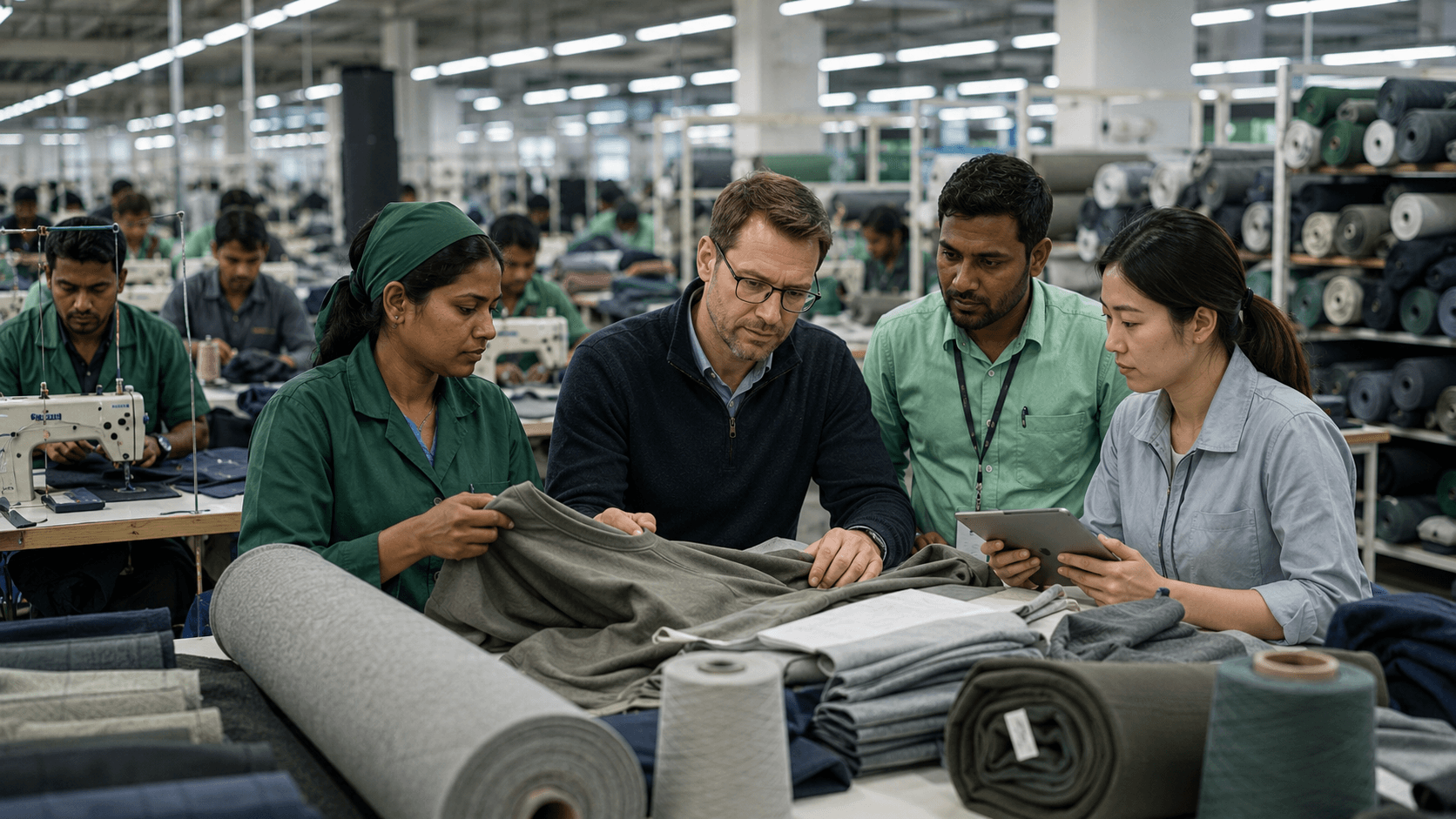 Knitted fabric production and yarn cones representing Bangladesh's quarter-on-quarter knitwear export rebound