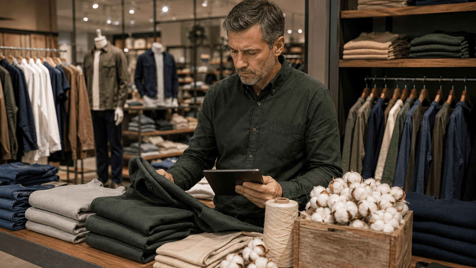 Apparel retail racks and raw cotton representing split U.S. apparel demand and firmer cotton spot quotations