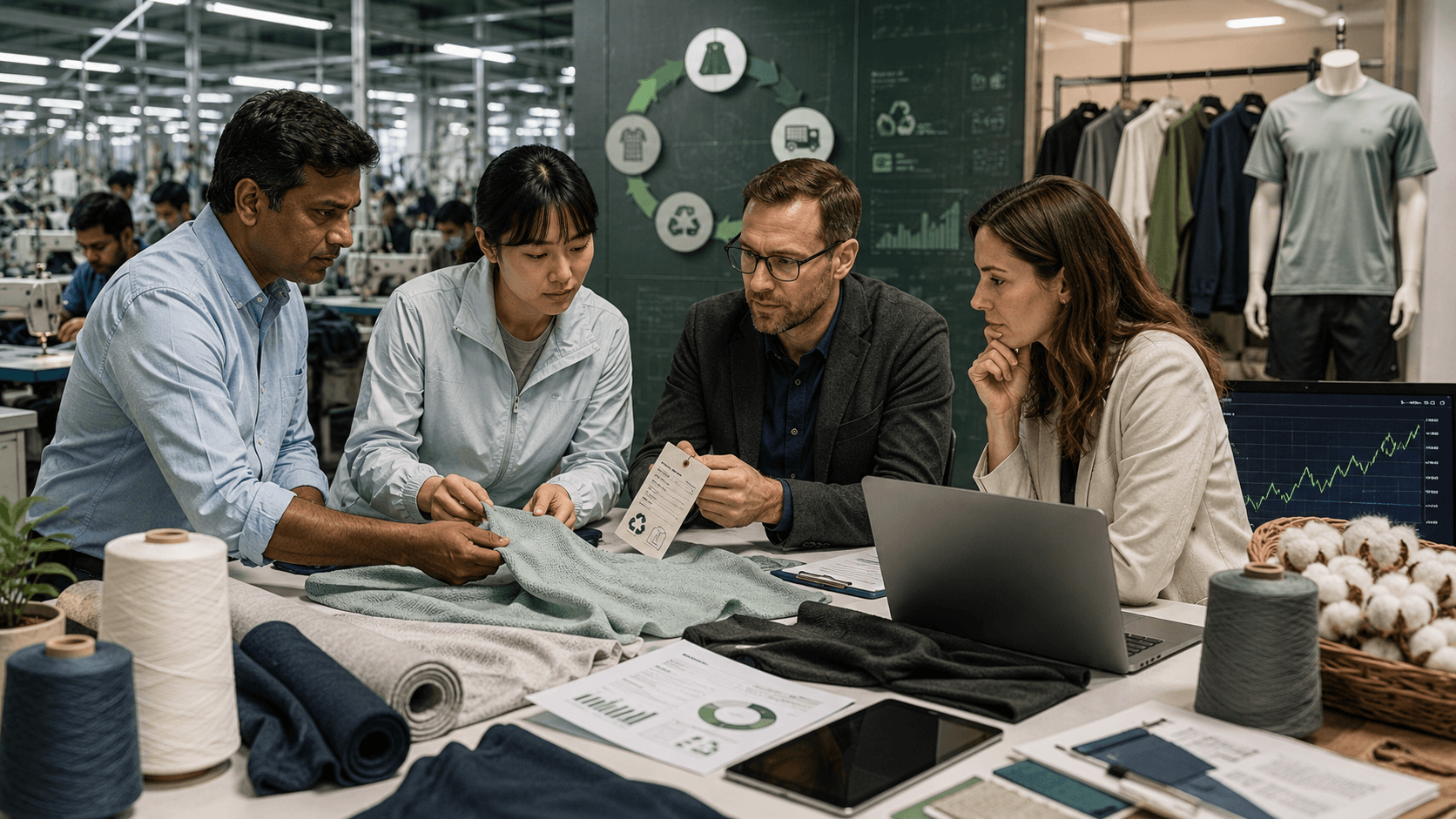 Textile sourcing team reviewing knitwear, functional fabrics, circularity data and apparel retail signals for Weekly Textile Week 35
