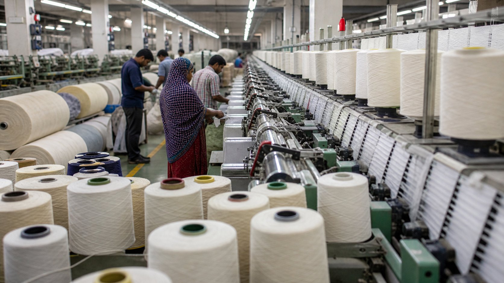Textile mill floor with workers, machinery and rows of yarn cones for the Week 26 textile brief.