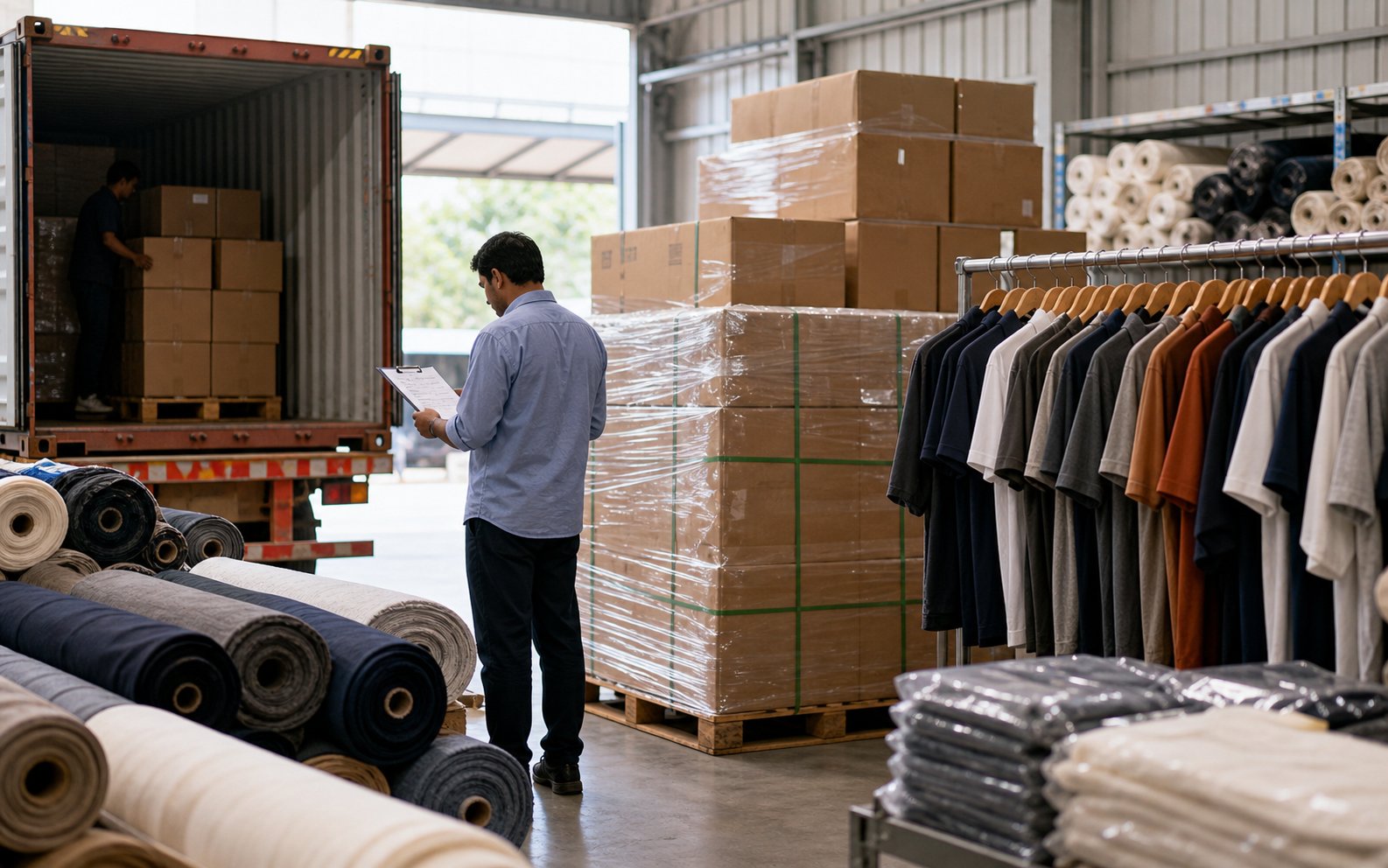 Apparel export preparation area with cartons, garments, fabric rolls and shipment checking.